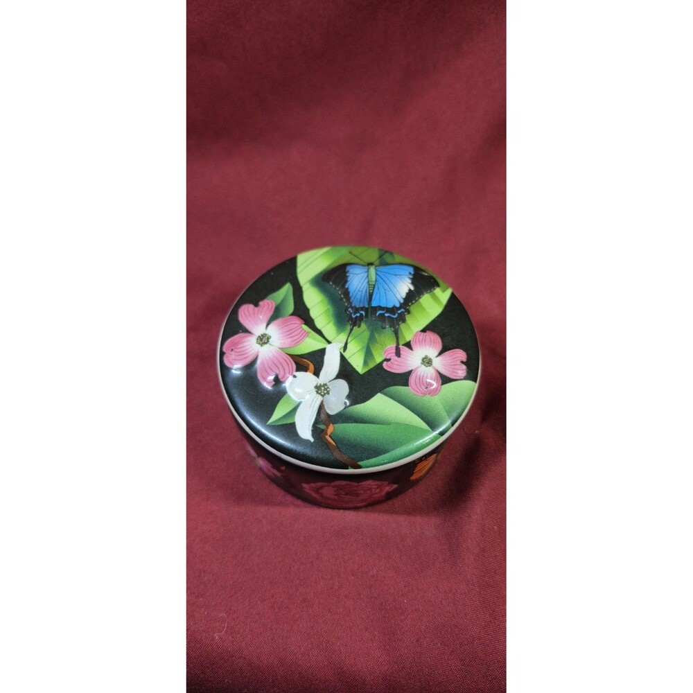 Vintage Dollywood Ceramic Trinket Box Butterfly Rose Black Porcelain Parton EUC